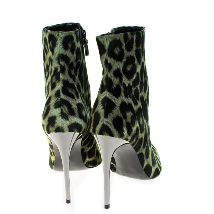 Pre Owned Stella McCartney Green/Black Animal Print Velvet Pointed Toe Ankle Booties Size 41