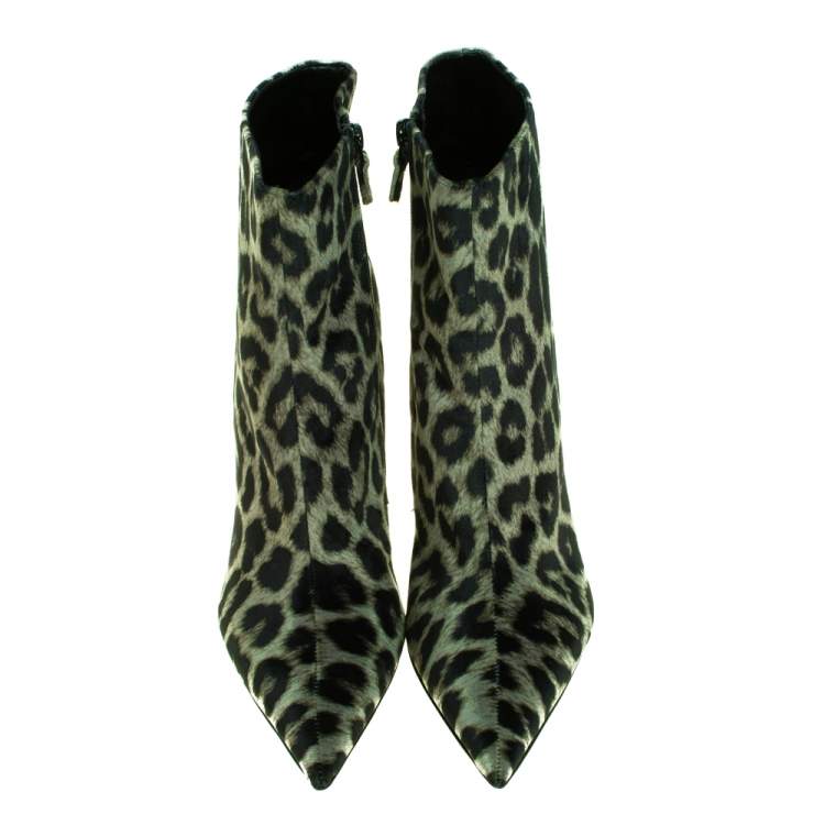 Pre Owned Stella McCartney Green/Black Animal Print Velvet Pointed Toe Ankle Booties Size 41