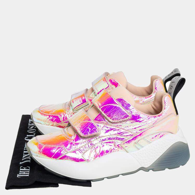 Pre Owned Stella McCartney Multicolor Holographic  Faux Leather Velcro Strap Sneakers Size 39