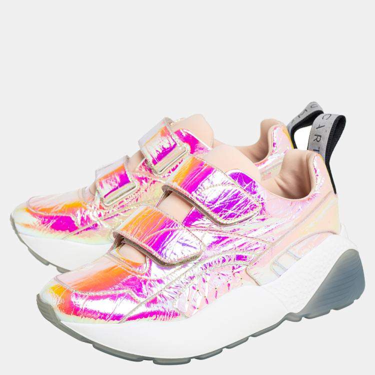 Pre Owned Stella McCartney Multicolor Holographic  Faux Leather Velcro Strap Sneakers Size 39