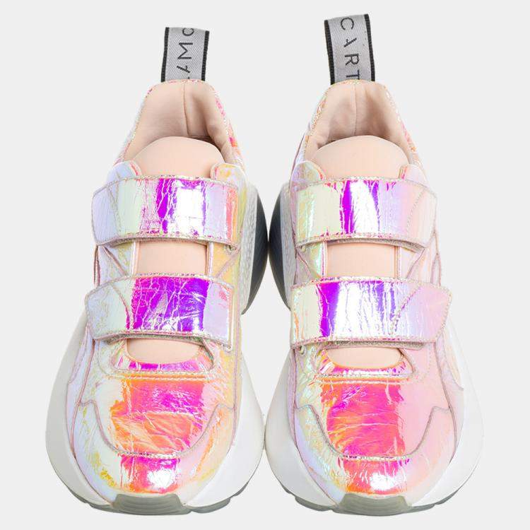 Pre Owned Stella McCartney Multicolor Holographic  Faux Leather Velcro Strap Sneakers Size 39
