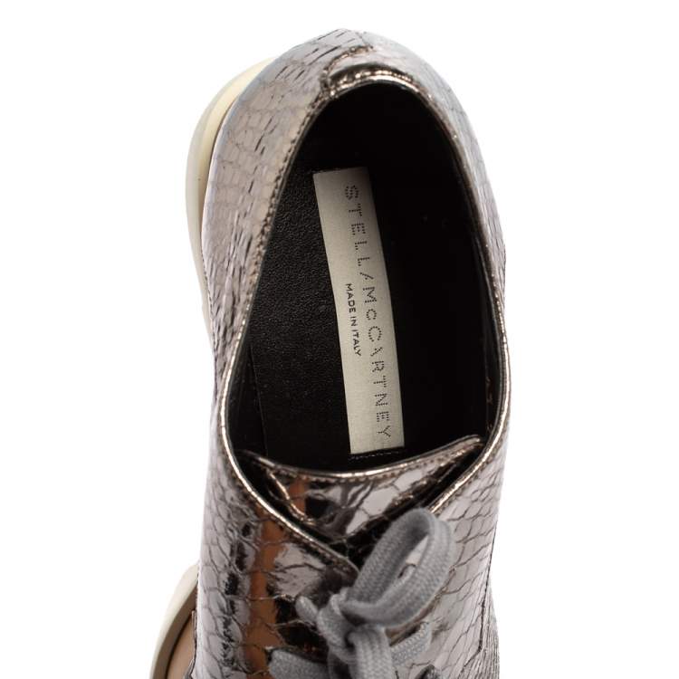 Pre Owned Stella McCartney Metallic Silver Snake Embossed Faux Leather Elyse Platform Derby Sneakers Size 39