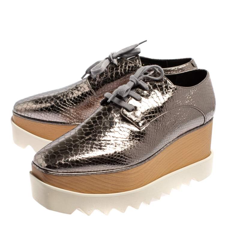 Pre Owned Stella McCartney Metallic Silver Snake Embossed Faux Leather Elyse Platform Derby Sneakers Size 39
