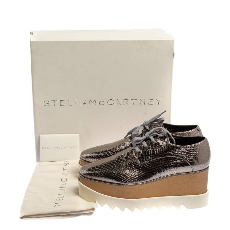 Pre Owned Stella McCartney Metallic Silver Snake Embossed Faux Leather Elyse Platform Derby Sneakers Size 39