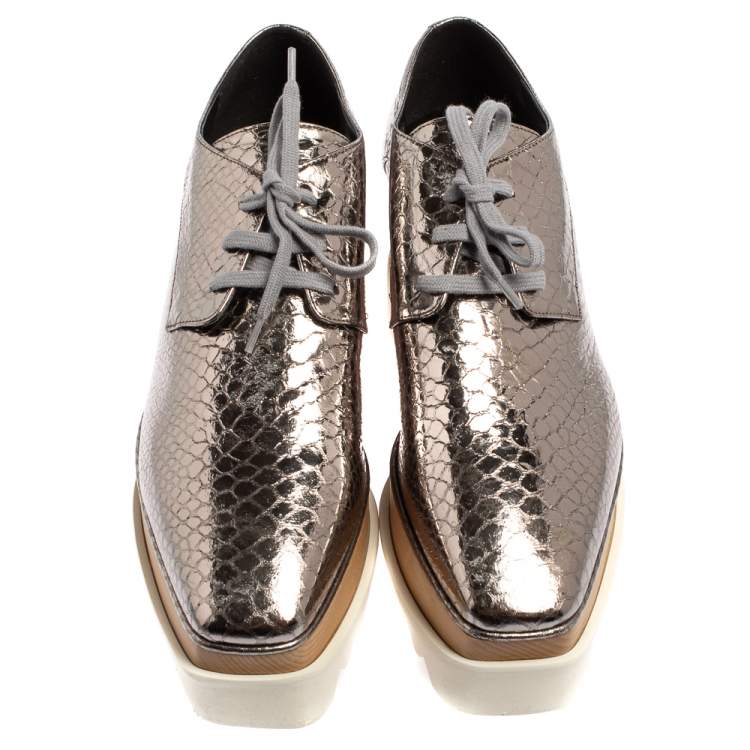 Pre Owned Stella McCartney Metallic Silver Snake Embossed Faux Leather Elyse Platform Derby Sneakers Size 39