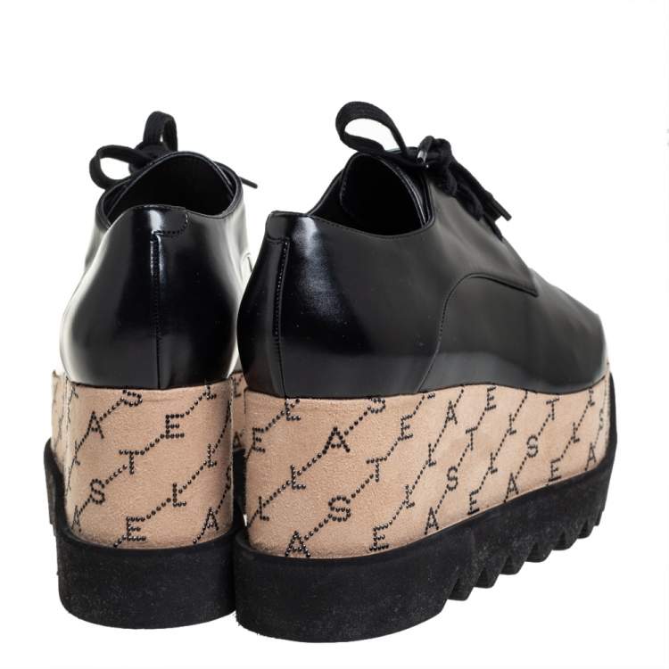 Pre Owned Stella McCartney Black Faux Leather Monogram Elyse Platform Derby Sneakers Size 38.5