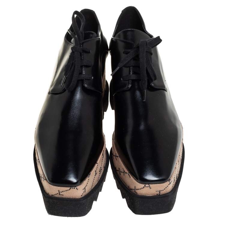 Pre Owned Stella McCartney Black Faux Leather Monogram Elyse Platform Derby Sneakers Size 38.5