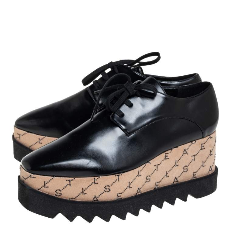 Pre Owned Stella McCartney Black Faux Leather Monogram Elyse Platform Derby Sneakers Size 38.5