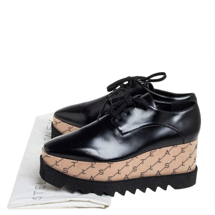 Pre Owned Stella McCartney Black Faux Leather Monogram Elyse Platform Derby Sneakers Size 38.5