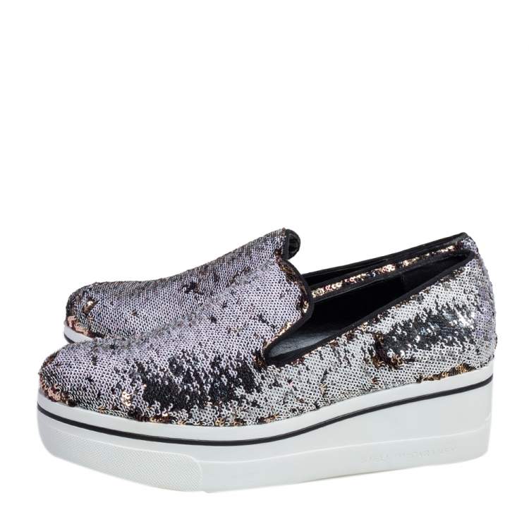 Pre Owned Stella McCartney Gold/Silver Sequin Binx Platform Sneakers Size 40