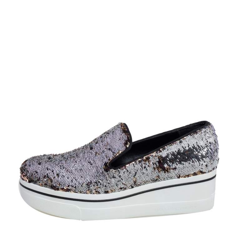 Pre Owned Stella McCartney Gold/Silver Sequin Binx Platform Sneakers Size 40
