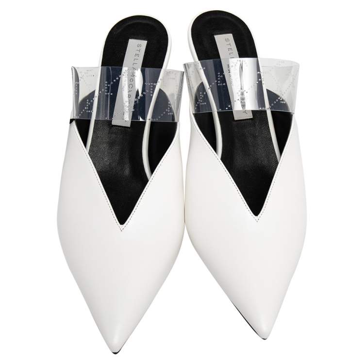 Pre Owned Stella McCartney White Faux Leather And PVC  Pointed Toe Mule Sandals Size 39