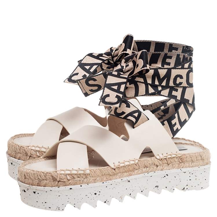 Pre Owned Stella McCartney Cream Faux Leather Gaia Ankle Wrap Espadrille Sandals Size 36