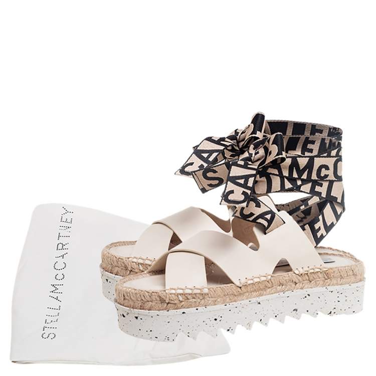 Pre Owned Stella McCartney Cream Faux Leather Gaia Ankle Wrap Espadrille Sandals Size 36