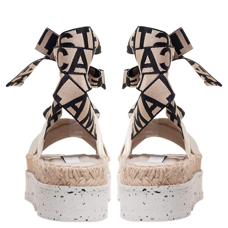Pre Owned Stella McCartney Cream Faux Leather Gaia Ankle Wrap Espadrille Sandals Size 36