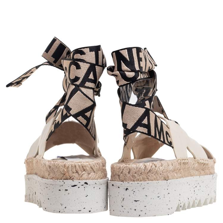 Pre Owned Stella McCartney Cream Faux Leather Gaia Ankle Wrap Espadrille Sandals Size 36