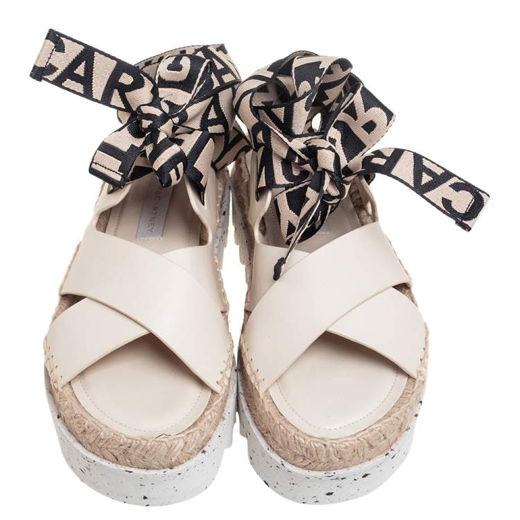 Pre Owned Stella McCartney Cream Faux Leather Gaia Ankle Wrap Espadrille Sandals Size 36