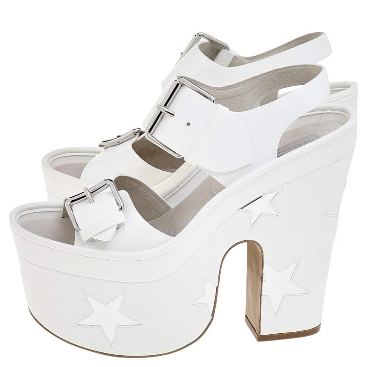Pre Owned Stella McCartney White/Silver Faux Leather Star Platform Sandals Size 39
