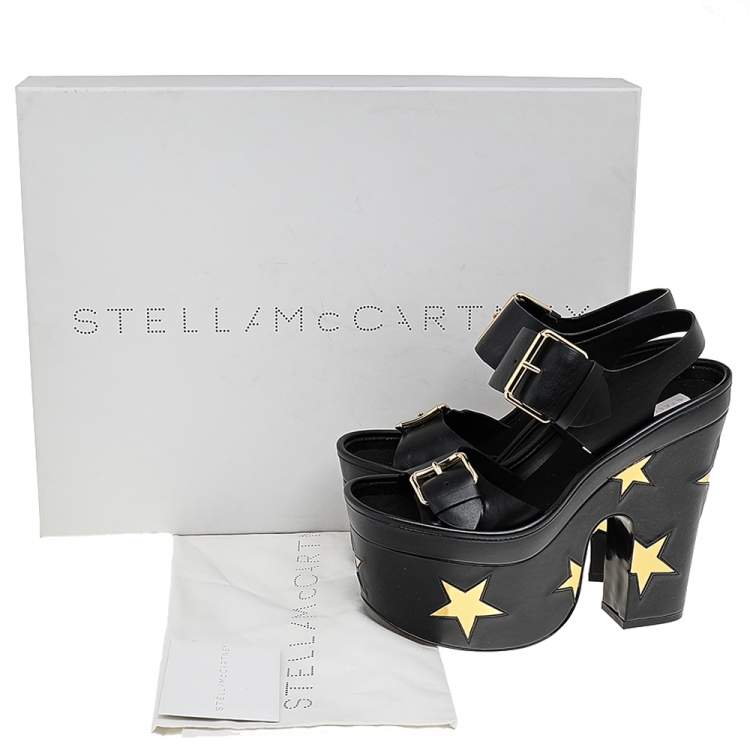 Pre Owned Stella McCartney Black/Gold Faux Leather Star Platform Sandals Size 37.5