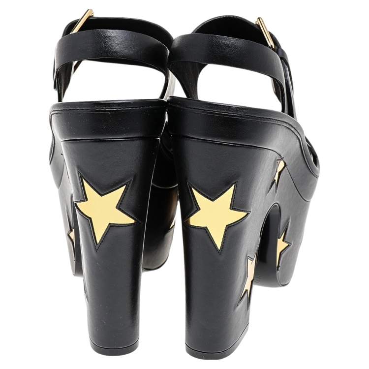 Pre Owned Stella McCartney Black/Gold Faux Leather Star Platform Sandals Size 37.5