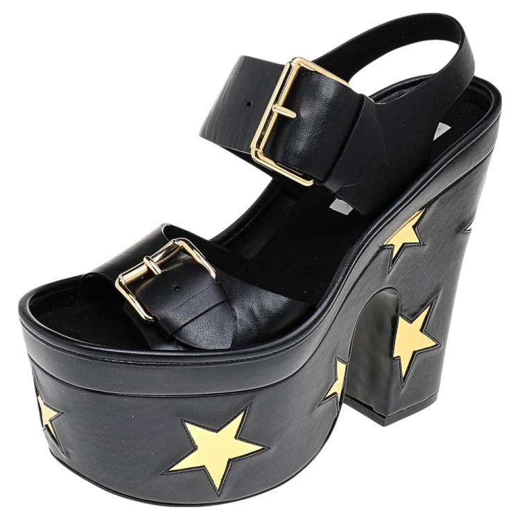 Pre Owned Stella McCartney Black/Gold Faux Leather Star Platform Sandals Size 37.5