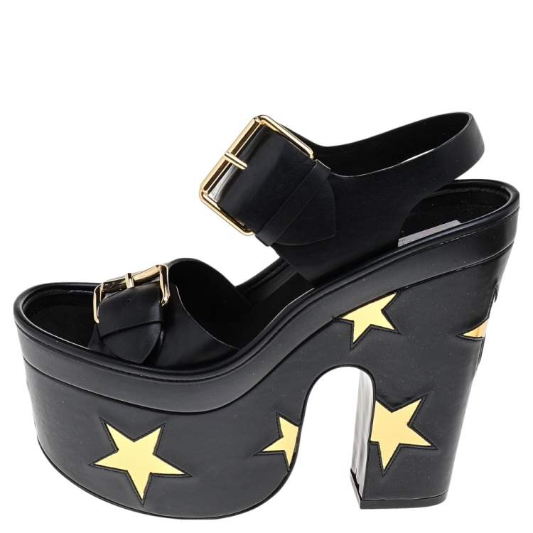 Pre Owned Stella McCartney Black/Gold Faux Leather Star Platform Sandals Size 37.5