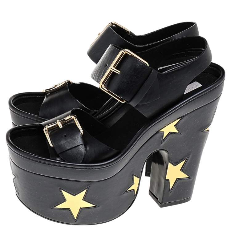 Pre Owned Stella McCartney Black/Gold Faux Leather Star Platform Sandals Size 37.5