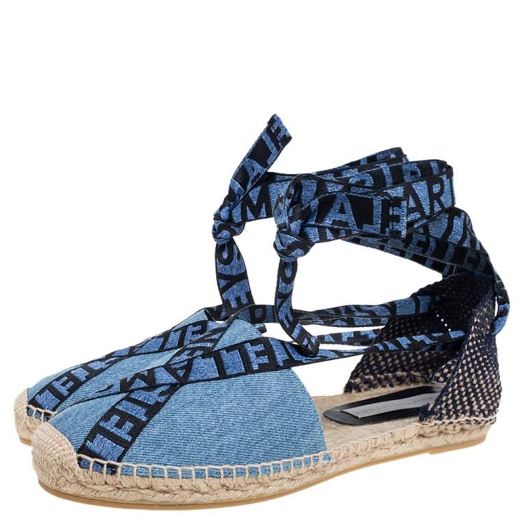 Pre Owned Stella McCartney Blue Canvas Espadrilles Ankle Tie Flats Size 40