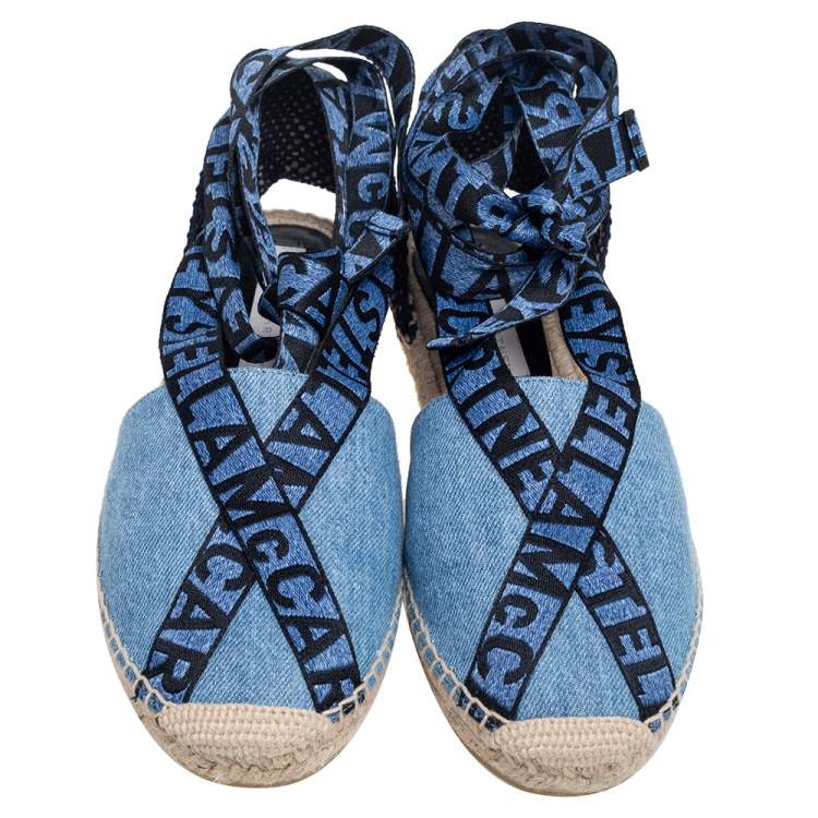 Pre Owned Stella McCartney Blue Canvas Espadrilles Ankle Tie Flats Size 40