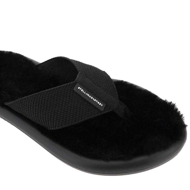 Pre Owned Stella McCartney Black Faux Fur Air Thong Flats Size IT 39