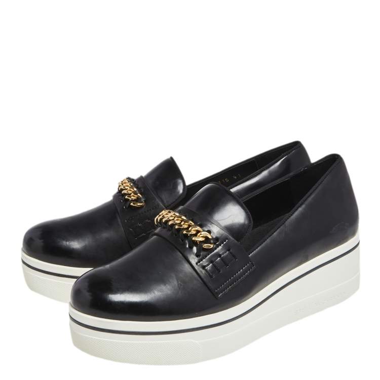 Pre Owned Stella McCartney Black Faux Leather Chain Link Slip On Sneakers Size 41
