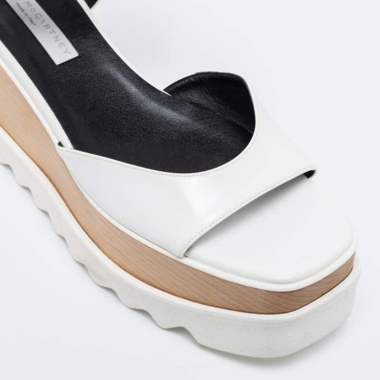 Pre Owned Stella McCartney White Faux Leather Ankle Strap Wedge Sandals Size 39.5