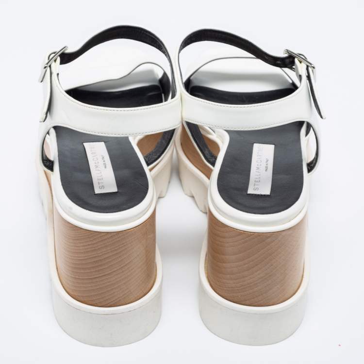 Pre Owned Stella McCartney White Faux Leather Ankle Strap Wedge Sandals Size 39.5