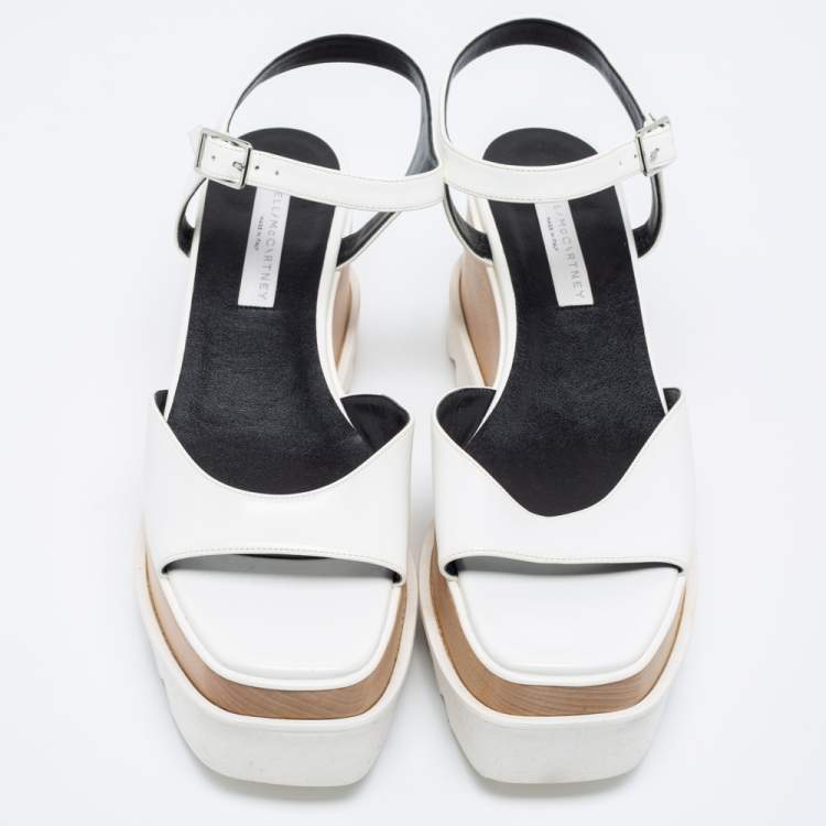 Pre Owned Stella McCartney White Faux Leather Ankle Strap Wedge Sandals Size 39.5