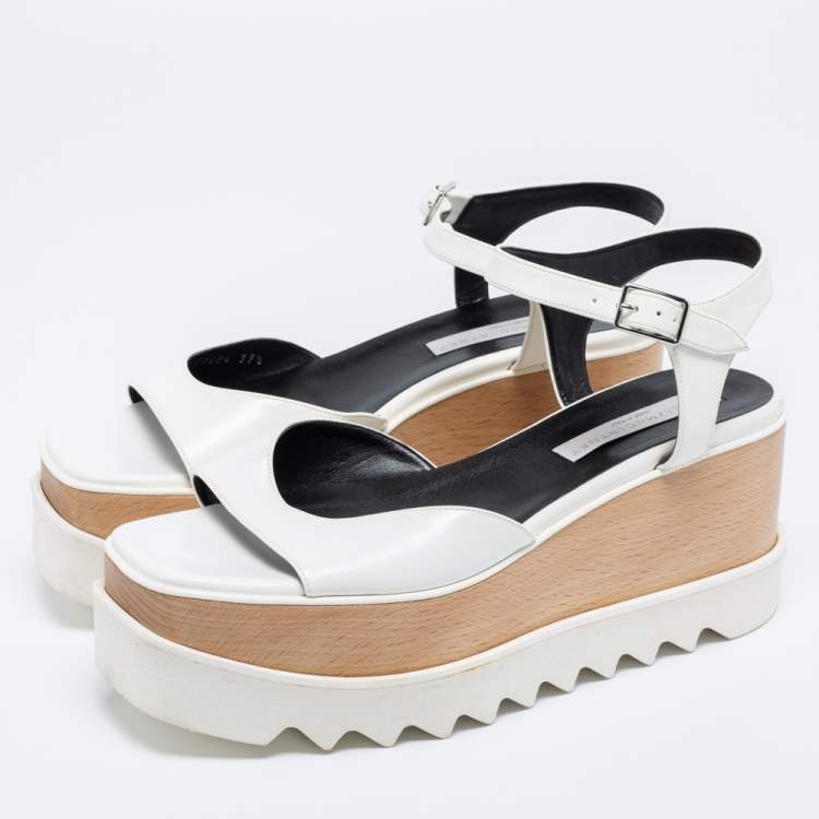 Pre Owned Stella McCartney White Faux Leather Ankle Strap Wedge Sandals Size 39.5