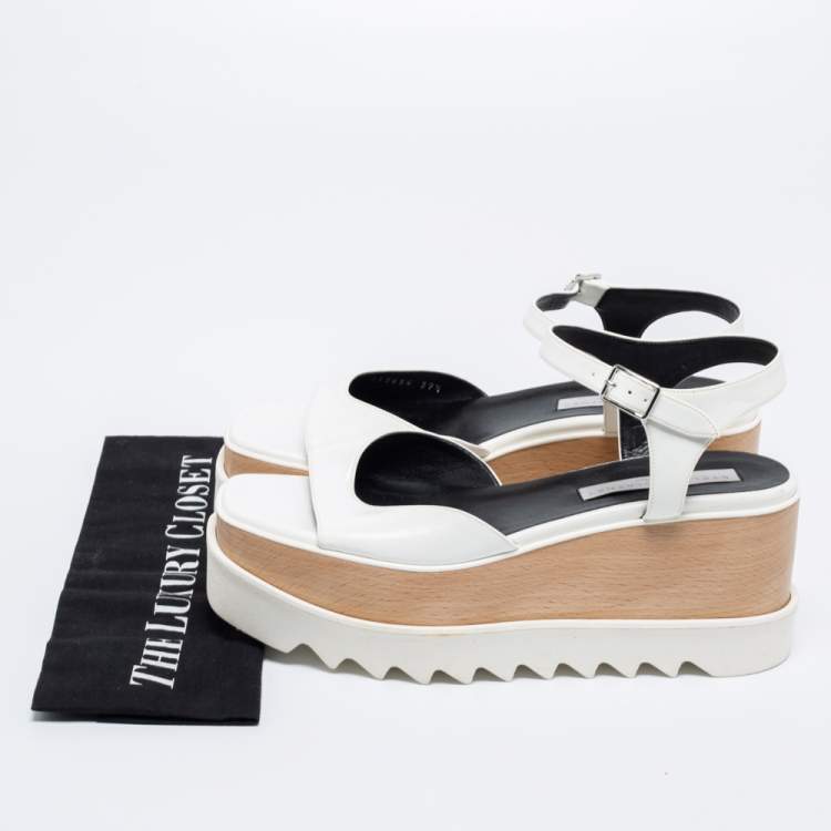 Pre Owned Stella McCartney White Faux Leather Ankle Strap Wedge Sandals Size 39.5