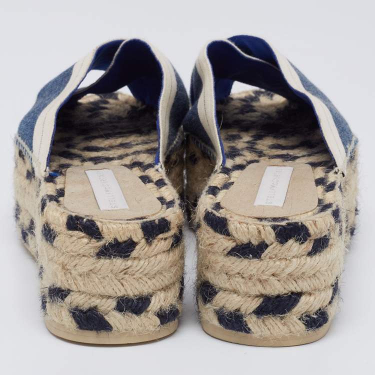 Pre Owned Stella McCartney Navy Blue/Beige Canvas Peep-Toe Espadrille Platform Sandals Size 39