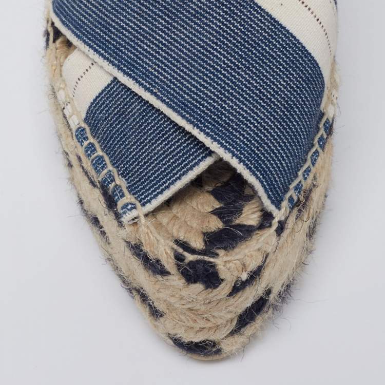 Pre Owned Stella McCartney Navy Blue/Beige Canvas Peep-Toe Espadrille Platform Sandals Size 39