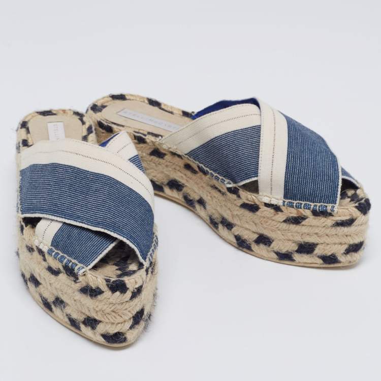 Pre Owned Stella McCartney Navy Blue/Beige Canvas Peep-Toe Espadrille Platform Sandals Size 39