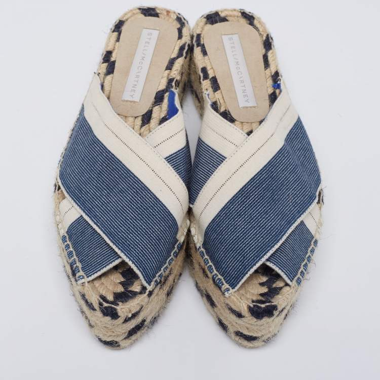 Pre Owned Stella McCartney Navy Blue/Beige Canvas Peep-Toe Espadrille Platform Sandals Size 39