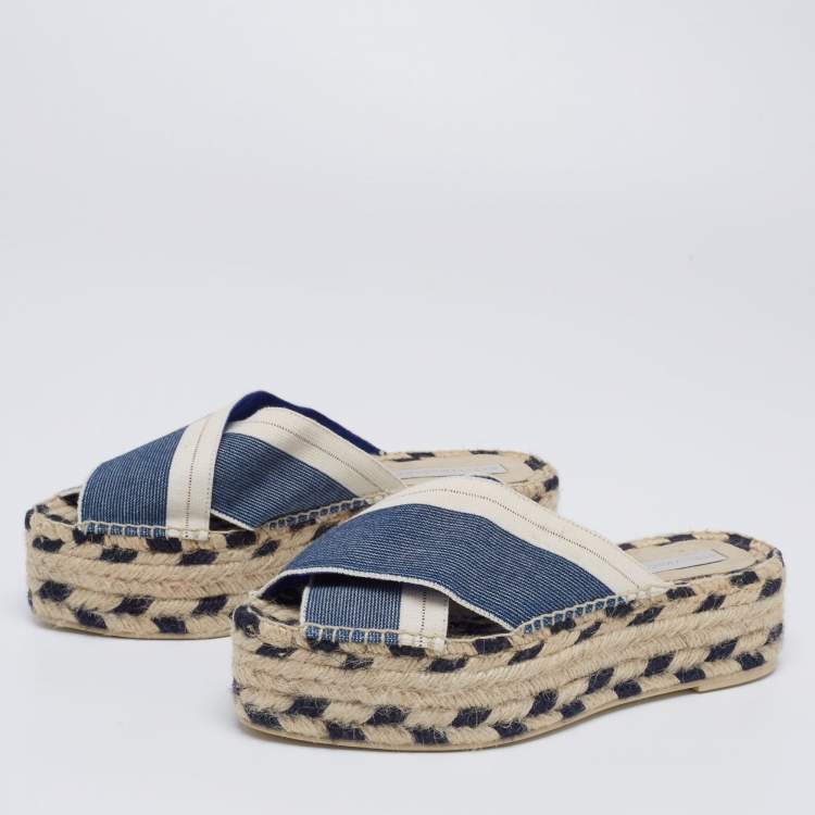 Pre Owned Stella McCartney Navy Blue/Beige Canvas Peep-Toe Espadrille Platform Sandals Size 39