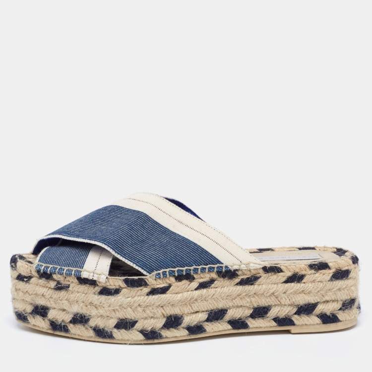 Pre Owned Stella McCartney Navy Blue/Beige Canvas Peep-Toe Espadrille Platform Sandals Size 39