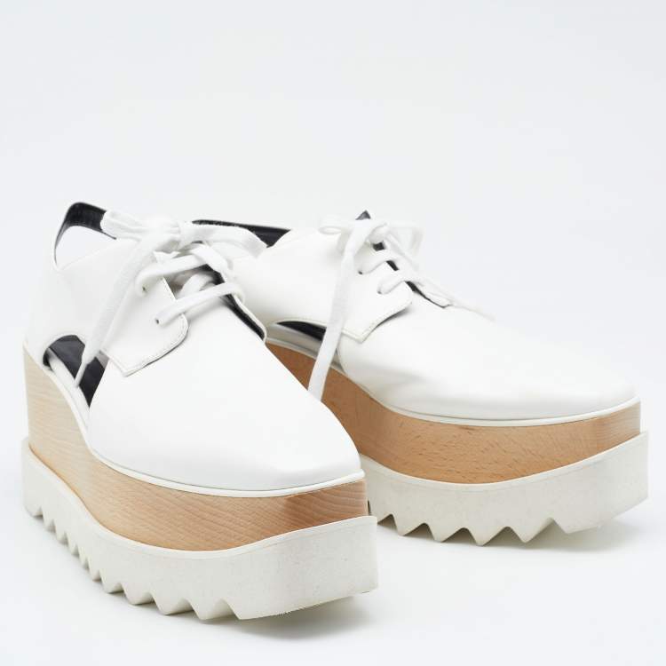 Pre Owned Stella McCartney White Faux Leather Elyse Cutout Platform Derby Size 38