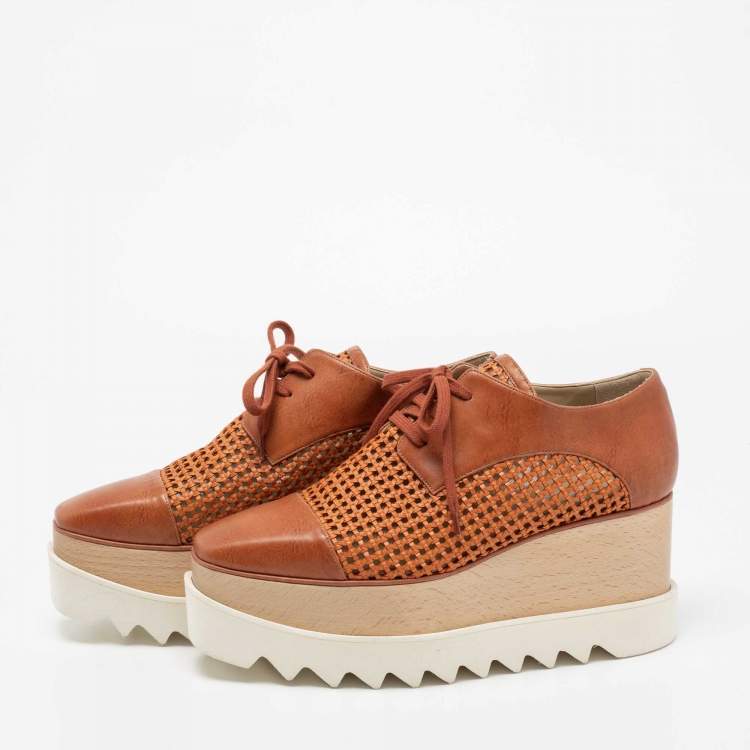 مملوكة مسبقًا Stella McCartney Tan Woven Faux Leather Elyse Lace-Up Platform Derby Sneakers Size 37.5