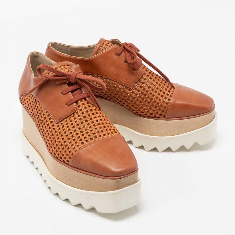 مملوكة مسبقًا Stella McCartney Tan Woven Faux Leather Elyse Lace-Up Platform Derby Sneakers Size 37.5