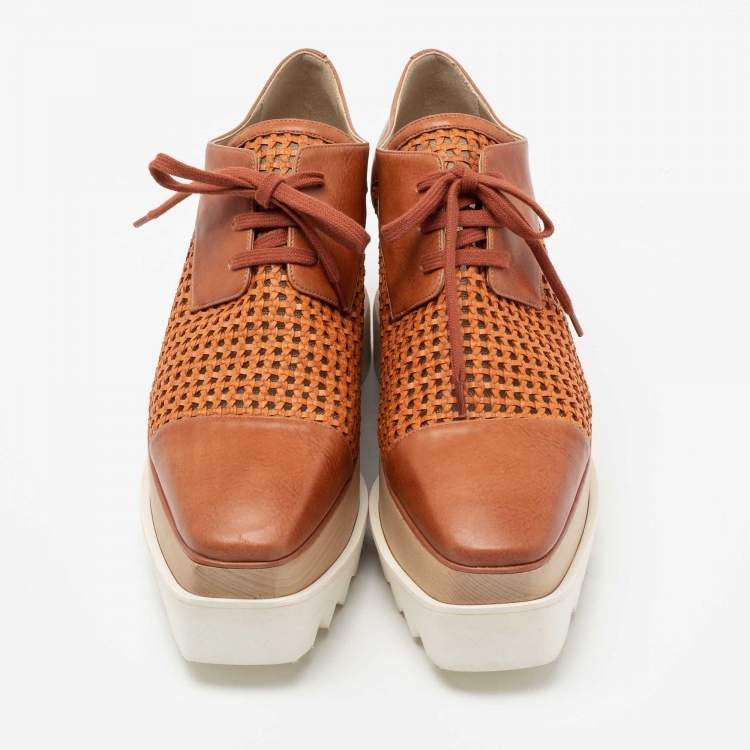 مملوكة مسبقًا Stella McCartney Tan Woven Faux Leather Elyse Lace-Up Platform Derby Sneakers Size 37.5