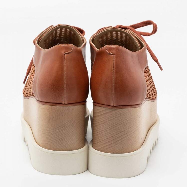 مملوكة مسبقًا Stella McCartney Tan Woven Faux Leather Elyse Lace-Up Platform Derby Sneakers Size 37.5