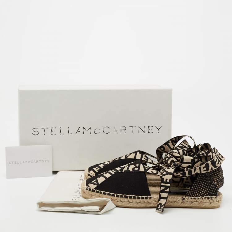 Pre Owned Stella McCartney Black/Beige Canvas And Fabric Gaia Macrame Ankle Wrap Espadrille Flats Size 38