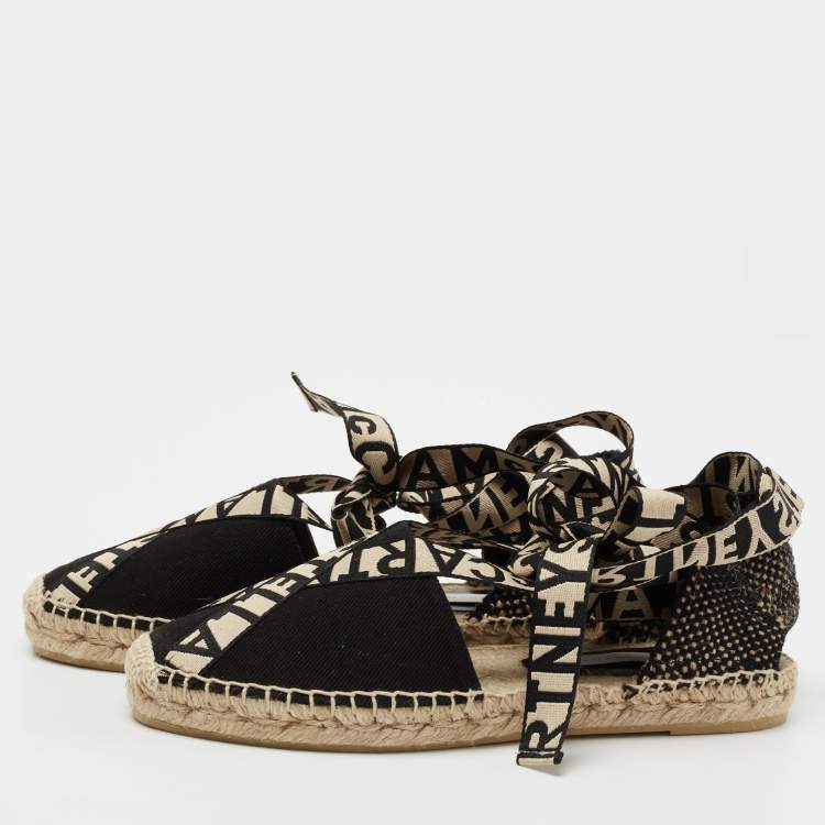 Pre Owned Stella McCartney Black/Beige Canvas And Fabric Gaia Macrame Ankle Wrap Espadrille Flats Size 38