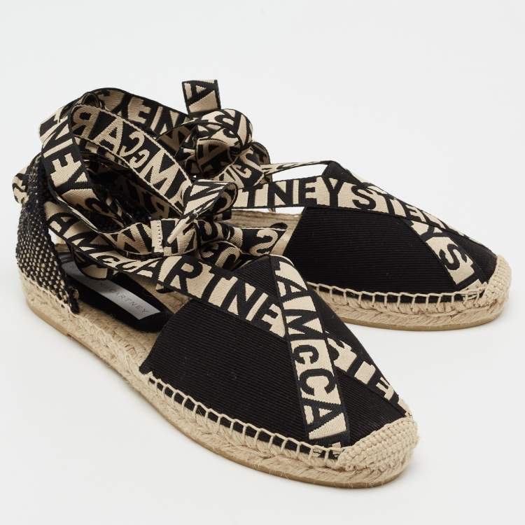 Pre Owned Stella McCartney Black/Beige Canvas And Fabric Gaia Macrame Ankle Wrap Espadrille Flats Size 38